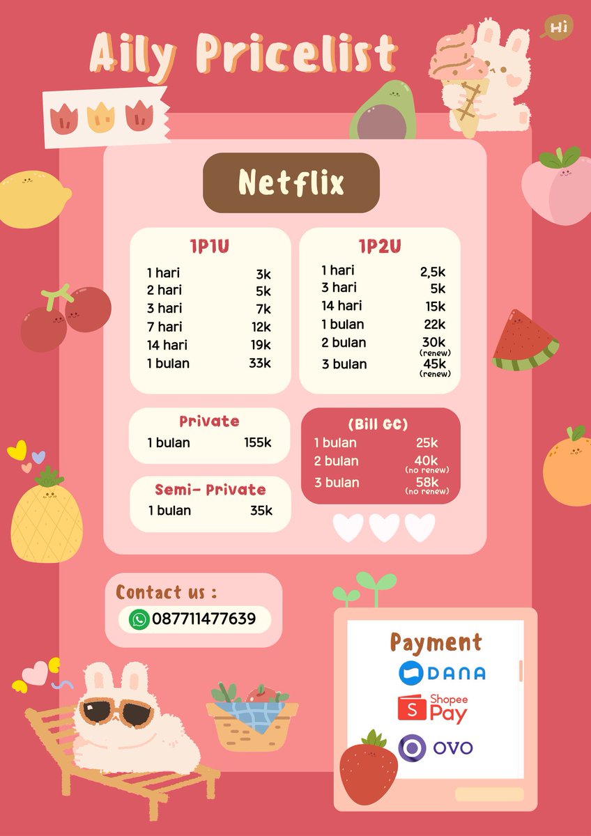 Halo kak! Lagi cari netflix harga ramah di kantong nyaman di mata? Yuk kesini aja, bisa langsung dm ke @lemonzels soalnya start dari harga 3k aja loh~

💌 : @lemonzels or wa ⬇️
☎️ : wa.me/+6287711477639 
💸 : dana, spay, ovo