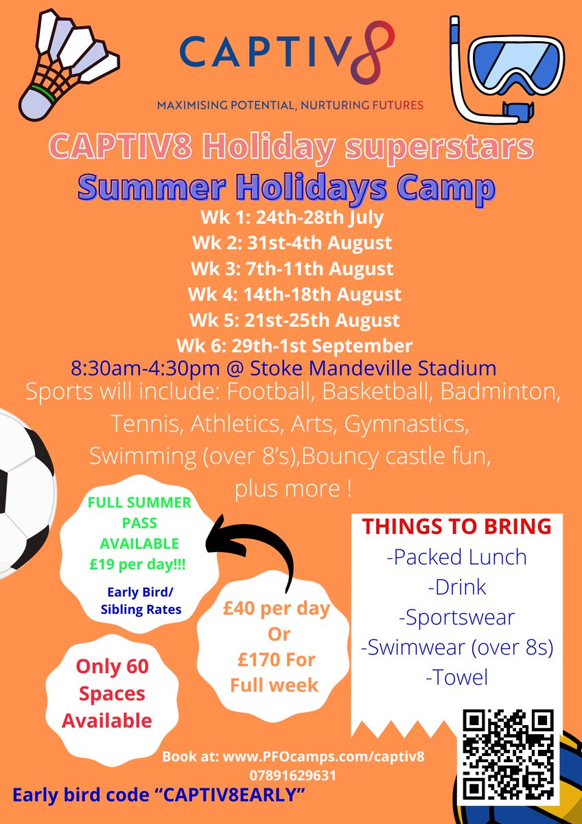 ☀️SUMMER IS COMING!!☀️
Come and join us this summer holidays for a fun packed 6 weeks of camp. 

🔥Cash in on hot prices starting from £17 per day!!!🔥