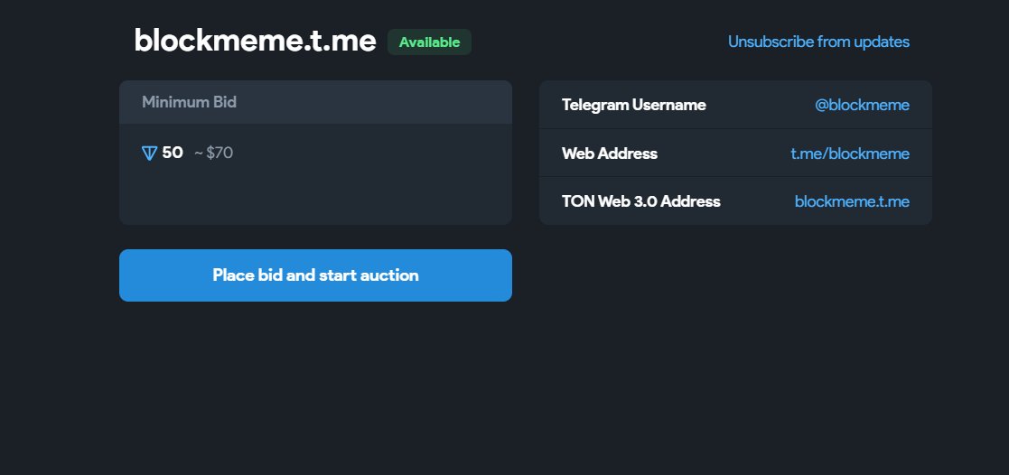 New username auctions at a low price for you to have a new domain in telegram! 
Domains can be converted on NFT in the blockchain of TON  

#Telegram #NFT #fragment #blockchain #tonkeeper #web3 #cripto #Criptomonedas