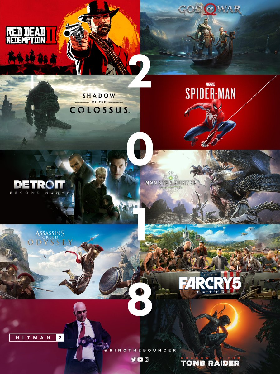 2018 was a HUGE year for Gaming🚀 ✅Red Dead Redemption 2 ✅God of War ✅Shadow of the Colossus ✅Spider-Man ✅Detroit: Become Human ✅Monster Hunter: World ✅Assassin’s Creed Odyssey ✅Far Cry 5 ✅Hitman 2 ✅Shadow of the Tomb Raider ✅Batflefield V ✅Call of Duty: Black Ops 4…
