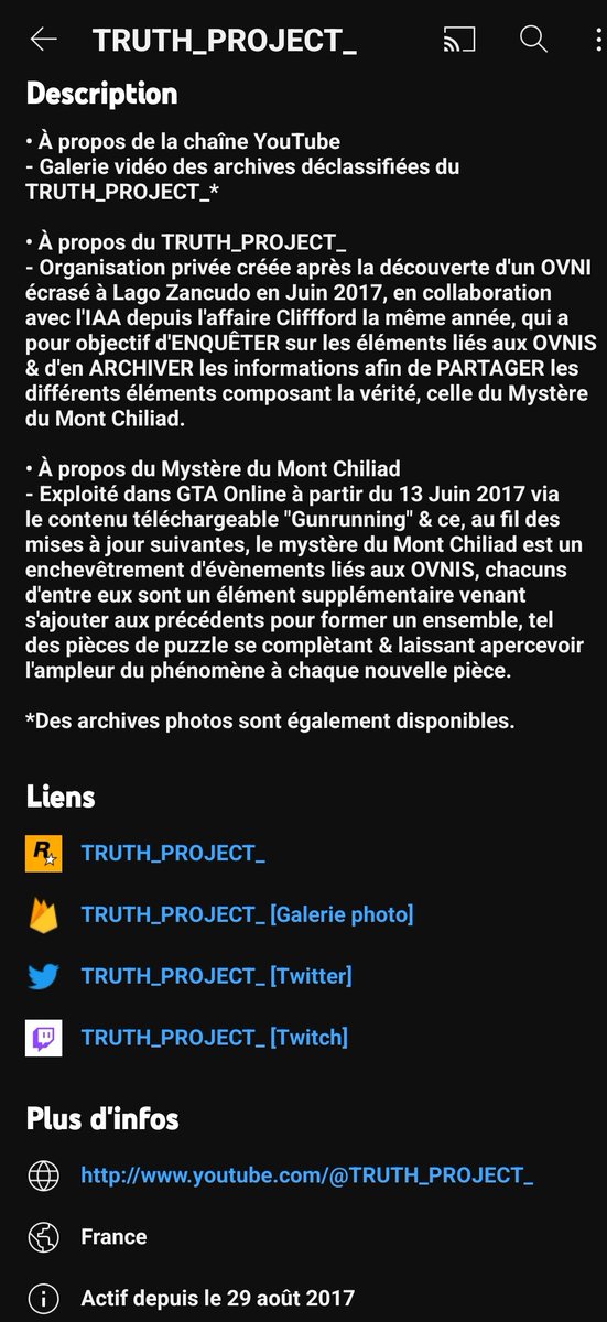 TRUTH_PROJECT_'s tweet photo. Mise à jour de la description de la chaîne Youtube, qui je rappel, est un "support" pour la galerie vidéo des archives déclassifiés du TRUTH_PROJECT_.
[1/3]
#GTAOnlineSanAndreasMercenaries #TRUTH_PROJECT_ #ChiliadMystery #GTAOnline @RockstarGames #PS5 https://t.co/qkYghAug82