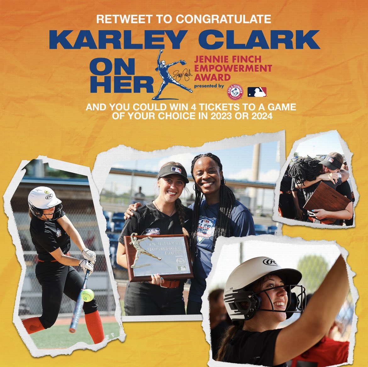 MLBDevelops (@mlbdevelops) on Twitter photo Congratulations to <a href="/Karleyclark2024/">Karley</a> on winning the <a href="/JennieFinch/">Jennie Finch</a> Empowerment Award! Karley, a native of Fairfield OH, plays for <a href="/Reds/">Cincinnati Reds</a> <a href="/Nike/">Nike</a> RBI Softball program!
🎟️🎉 Celebrate this achievement by Retweeting THIS post for a chance to win 2023 or 2024 <a href="/MLB/">MLB</a> tickets! Congratulations to <a href="/Karleyclark2024/">Karley</a> on winning the <a href="/JennieFinch/">Jennie Finch</a> Empowerment Award! Karley, a native of Fairfield OH, plays for <a href="/Reds/">Cincinnati Reds</a> <a href="/Nike/">Nike</a> RBI Softball program!
🎟️🎉 Celebrate this achievement by Retweeting THIS post for a chance to win 2023 or 2024 <a href="/MLB/">MLB</a> tickets!