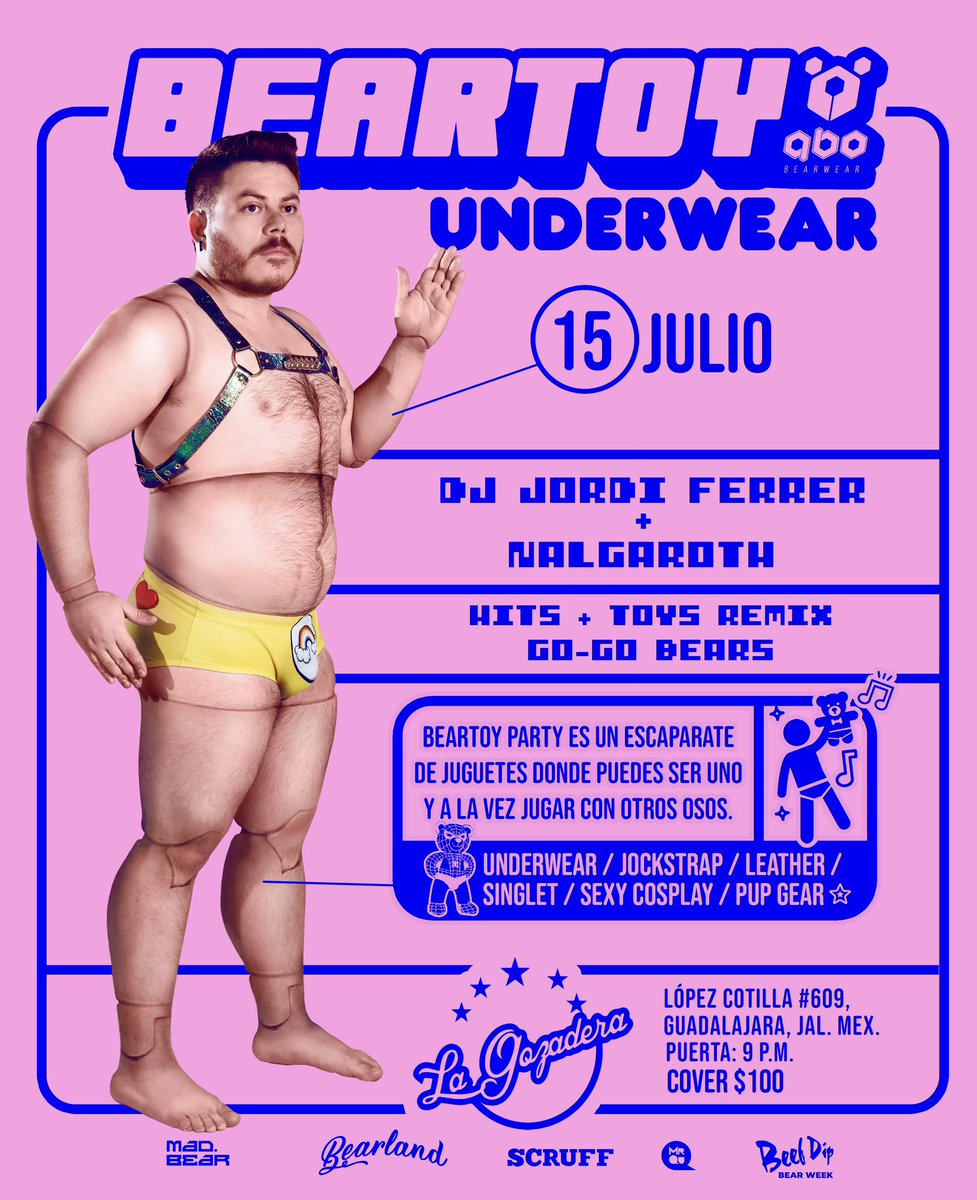 qbobears's tweet photo. 𝗕𝗘𝗔𝗥𝗧𝗢𝗬 𝗨𝗻𝗱𝗲𝗿𝘄𝗲𝗮𝗿 𝗤𝗕𝗢
Es una fiesta donde puedes ser un juguete y a la vez jugar con otros Osos. ⛓️🧸🩲⛓️
🎶 @nalgaroth + Jordi Ferrer
Model: @abrahamgmx
🎟️ @faachz
Presentado por @BearlandMx
#Artwork @mrqu
#QboBearwear #BearEvents #BearGay #BearPride https://t.co/0QWZS30k6Z
