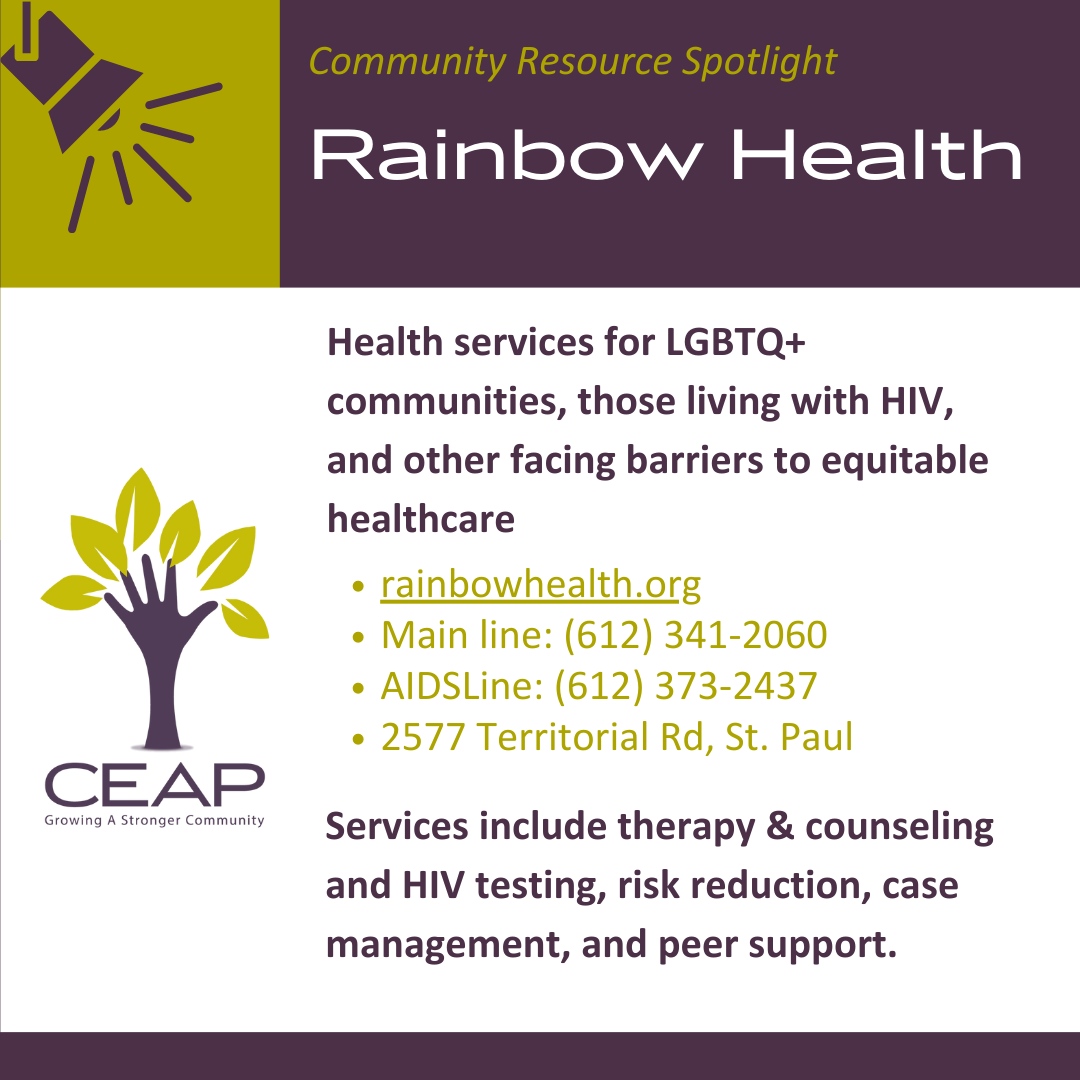 CEAP (@ceap_mn) on Twitter photo At CEAP we are committed to supporting the health and wellbeing of all our neighbors. <a href="/RainbowHealthMN/">Rainbow Health</a> provides health services for LGBTQ+ communities, those living with HIV, and other facing barriers to equitable healthcare. At CEAP we are committed to supporting the health and wellbeing of all our neighbors. <a href="/RainbowHealthMN/">Rainbow Health</a> provides health services for LGBTQ+ communities, those living with HIV, and other facing barriers to equitable healthcare.