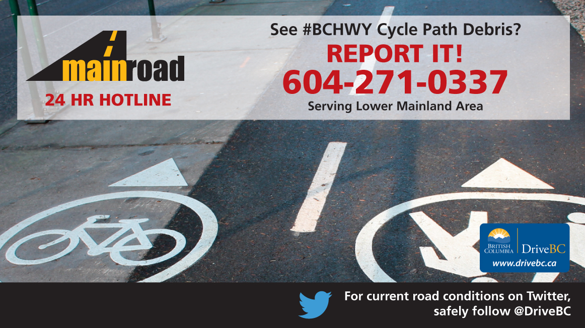 Cyclists when you see debris or a road hazard on a #BCHwy , Bridge or Bike Path give us a call at 604 271 0337. Be as descriptive as you can about the debris location.

Mainroad proudly maintains FREE Shuttle Service thru #GeorgeMasseyTunnel

Schedule here bit.ly/2Q6DPZm