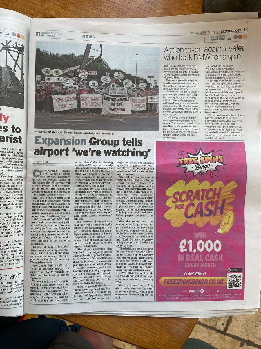 #EyesOnBristolAirport featured in the weekend Bristol Post. Once again our campaign network takes the initiative to keep airport's expansion in the news.
So many people are asking,'How has this been allowed to happen?'
Simple answer: Airport prioritises profit b4 people & planet!