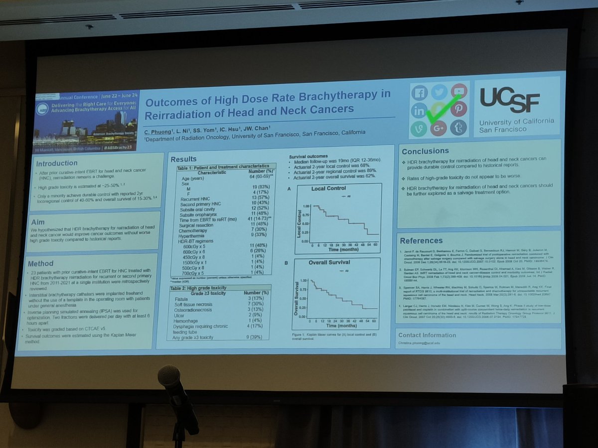 Dr. Christina Phuong (<a href="/xtinaphuong/">Christina Phuong</a>) on re-irradiation h&amp;n brachytherapy <a href="/UCSFCancer/">UCSF Helen Diller Family Comprehensive Cancer Ctr</a> with 2 yr LC 68%, OS 62%, in a challenging clinical scenario, and toxicity profile comparable to ebrt. A salvage option for further exploration in well selected patients.
<a href="/sueyom/">Sue Yom</a> <a href="/LisaNiMD/">Lisa Ni</a>