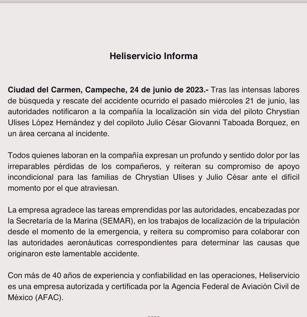 🔺#AHORA: La empresa Heliservicio informa que fueron localizados los cuerpos de los dos pilotos que fallecieron el miércoles pasado al caer un helicóptero en la sonda de Campeche. 

Agradecen a la @SEMAR_mx el apoyo para la búsqueda. 

#AsíPasó #LasNoticiasAsí