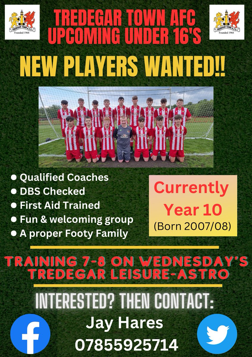 <a href="/TredegarTownFC/">Tredegar Town FC</a> under 16s are looking to boost their squad numbers, so if you are currently Year 10 in school, interested in playing football for the Town, then please drop me a private message or give me a call on below number. Our pre season training starts 5th July ⚽️💪