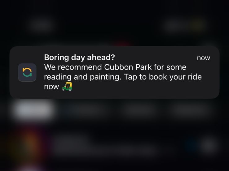 Today, @nammayatri surprised us with this notification sent to their users at 9 am sharp, when we began. What a gentle and thoughtful way to remind Bengaluru of @cubbonreads and @cubbonpaints happening every Saturday. Thank you! 💚