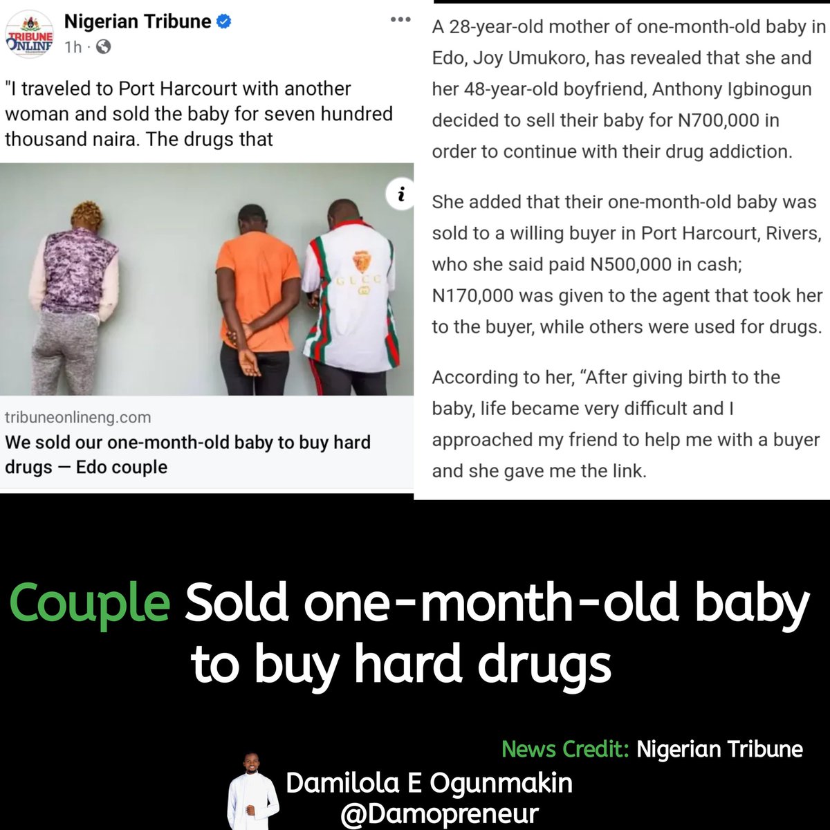 Couples sold baby to buy hard drugs

#Lagos #News #trend #TrendingHot #TrendingNow #Trend #viral #ViralVideos #Twitter #Business #facts #quotes  #music #healthylifestyle #Foodie #susu  #gistlover  #Titanic #gistlover #Moscow #Nigeria #TinubuIsNotMyPresident #Tibubu #Obidients