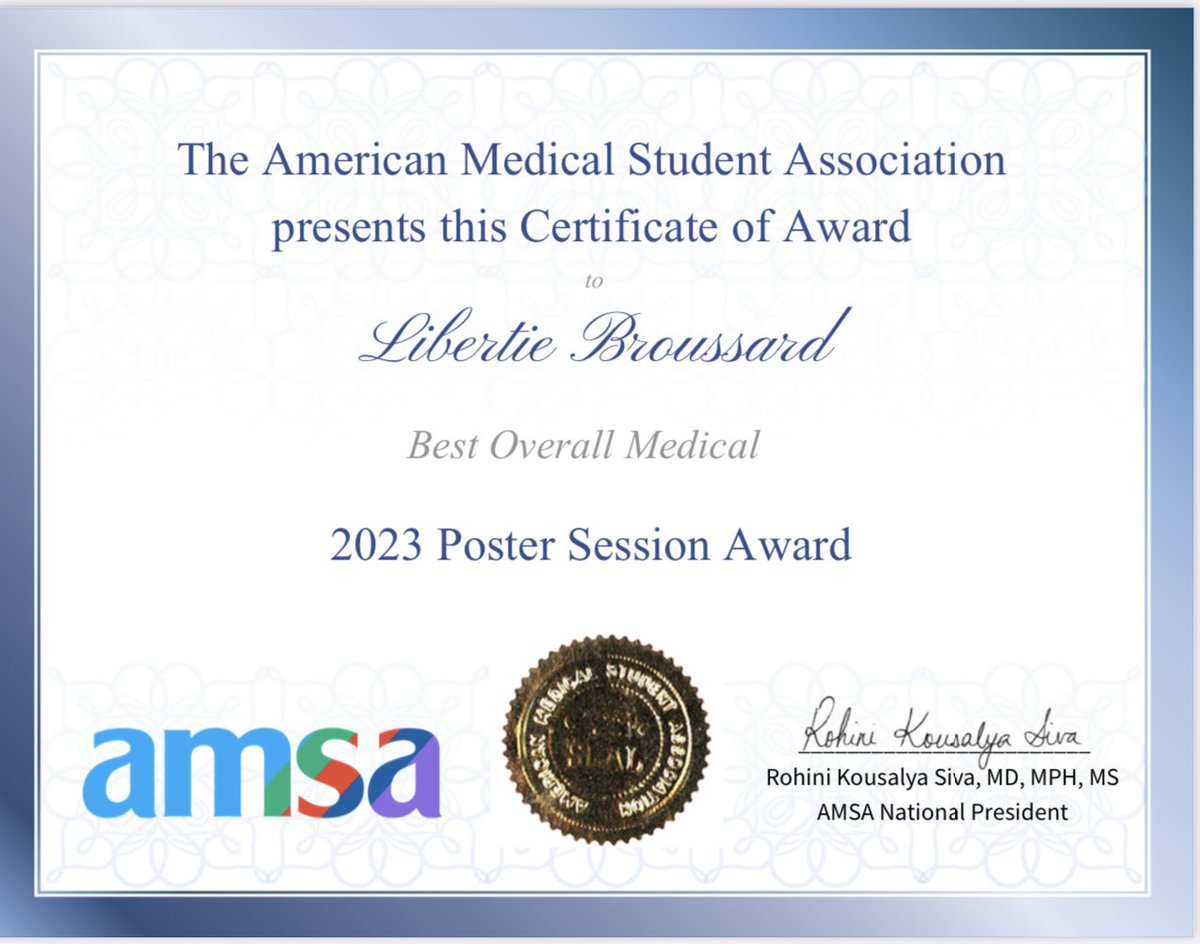 Libertie Broussard (@libertieb_md2be) on Twitter photo Honored to have been chosen as the winner of the Best Overall Medical Poster at AMSA's Future Physicians for Change National Conference. Take a look at our pilot doula medical training project, aimed at mitigating the black maternal mortality rate.
#AMSA #blackwomenshealth Honored to have been chosen as the winner of the Best Overall Medical Poster at AMSA's Future Physicians for Change National Conference. Take a look at our pilot doula medical training project, aimed at mitigating the black maternal mortality rate.
#AMSA #blackwomenshealth