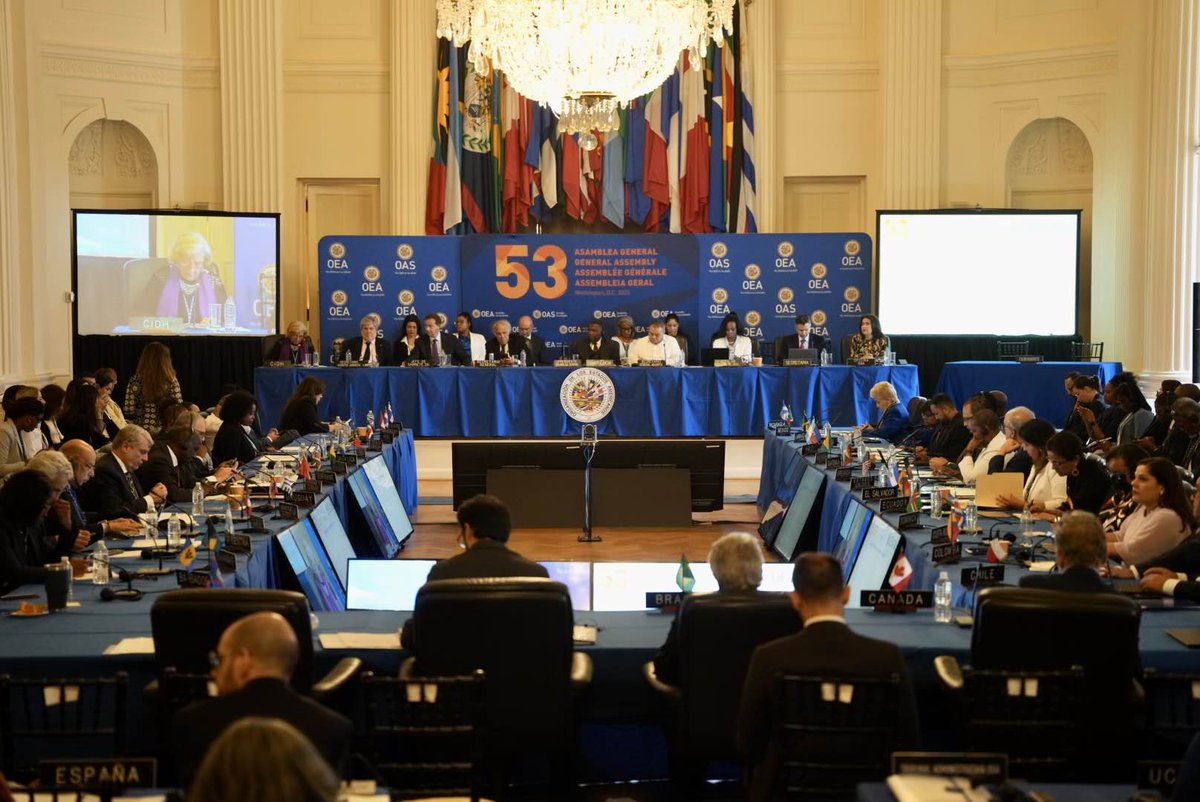 The 53rd #OASassembly re-elected Commissioner @StuardoRalon of #Guatemala and elected Christopher Arif Bulkan of #Guyana, Gloria Monique de Mees of #Suriname and Andrea Pochak of #Argentina, who will integrate the plenary of the #IACHR for the period 2024-2027.