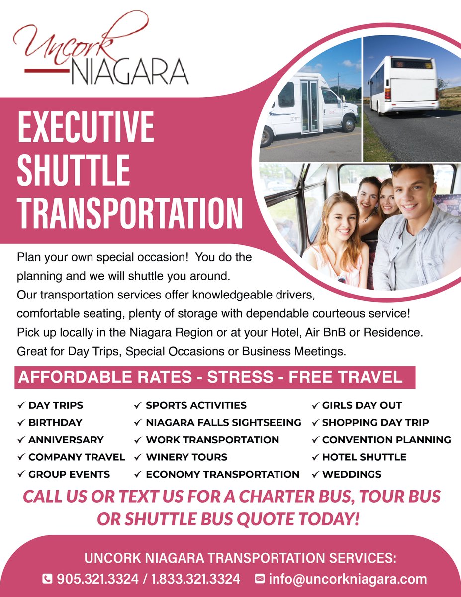 UncorkNiagara's tweet photo. Plan your special occasion... Executive Shuttle Transportation.
Interested? https://t.co/q1UyoBOLQo
#niagara #niagararegion #niagaraonthelake #niagarafalls #hamilton #stcatharines https://t.co/gyGygimOlX
