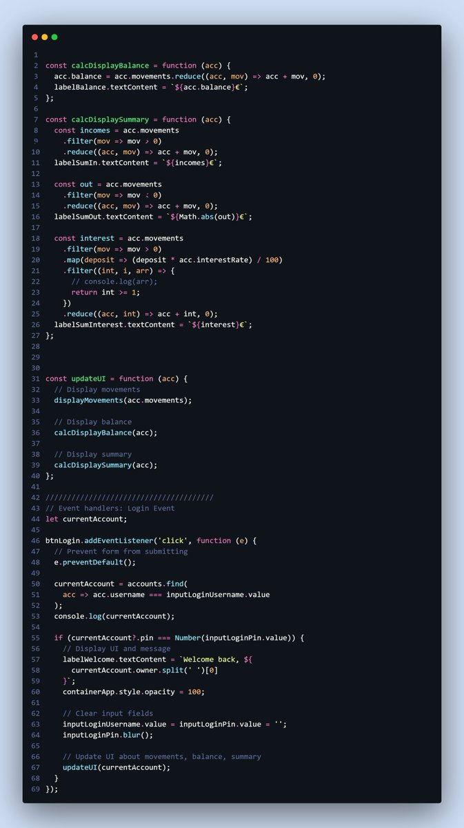 sudipparajuli10's tweet photo. Day 2️⃣4️⃣/60 #LearningWithLeapfrog Challenge! Today I learned about methods chaining, applied it in the Bankist project to calculate total balance, interest, IN, OUT transactions, implemented the login functionality for multiple accounts🧾🚀 #60DaysOfLearning2023 #LSPPD24 https://t.co/IEvUj9nr6Z