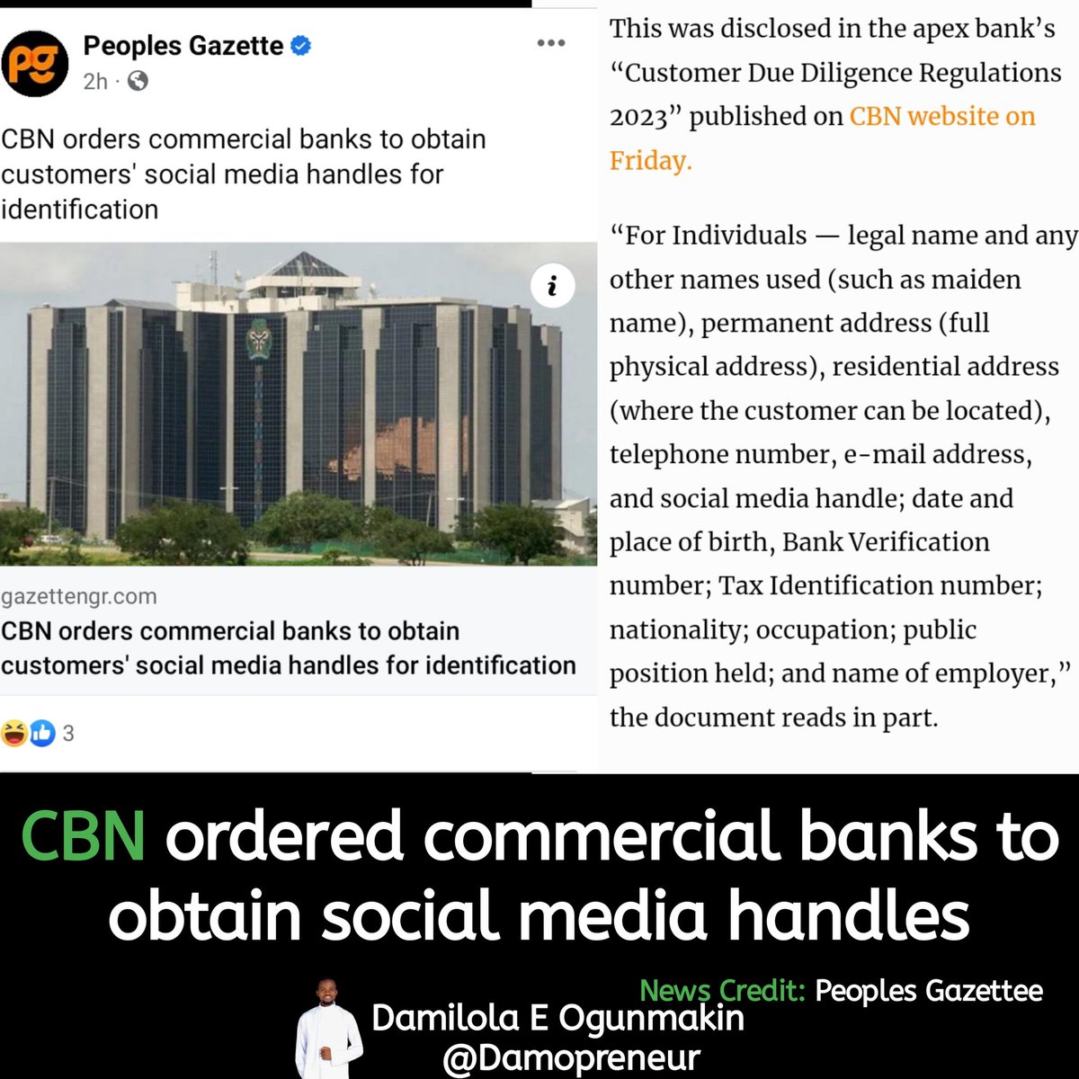 CBN orders banks to obtain customers social media handles

#Lagos #News  #TrendingHot #TrendingNow #Trend #viral #ViralVideos #Twitter #healthylifestyle #Foodie #susu  #gistlover  #Titanic #gistlover #explore #Nigeria #Vibes #explorepage #TinubuIsNotMyPresident #Tibubu #Obidients