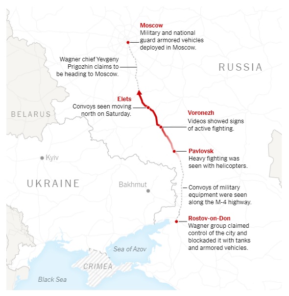 Might be disinfo ploy. Wagner Route Map Shows Moscow the Target, June 24, 2023, NY Times.