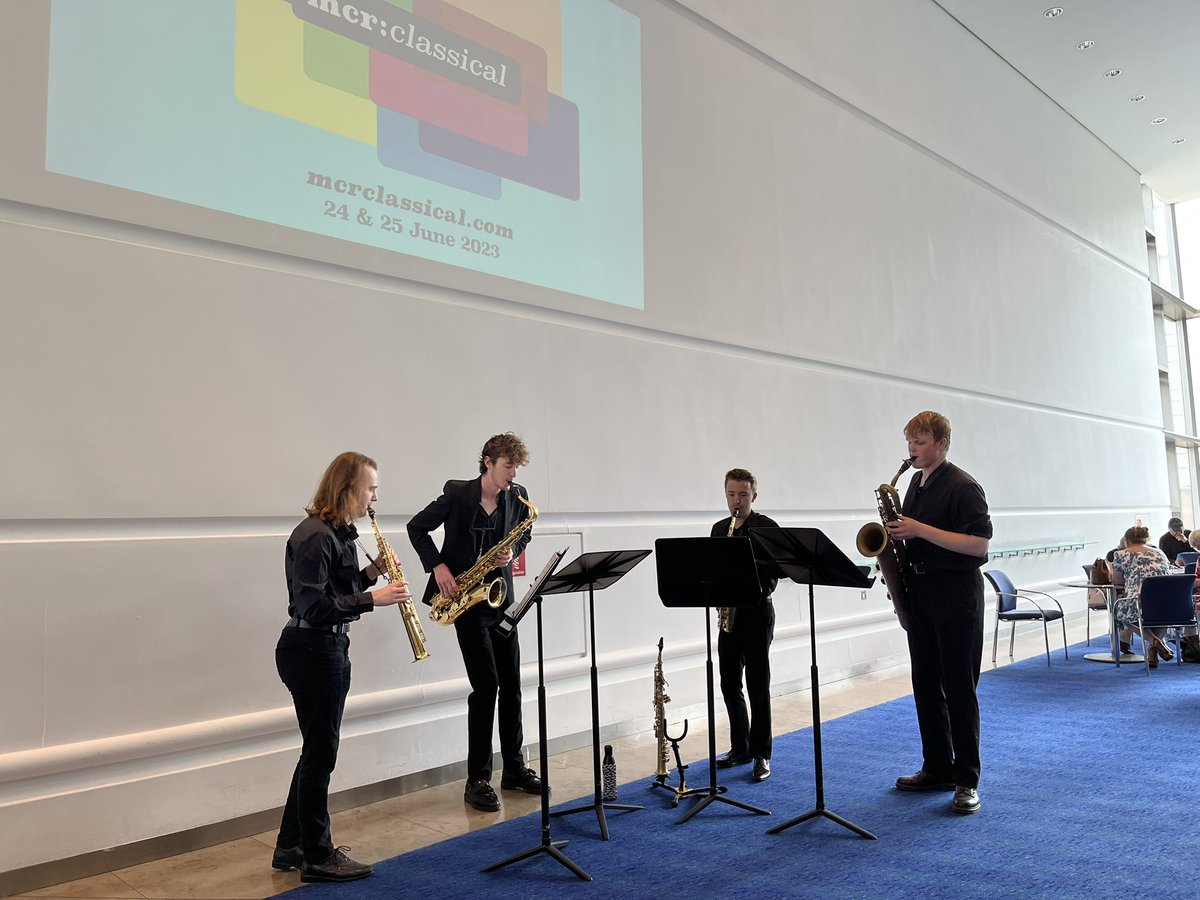 the_halle's tweet photo. 👏 Bravo to the Olias Saxophone Quartet from @rncmlive, who offered some brilliant free foyer entertainment earlier! 

There’s plenty more to come from these talented students across this weekend in the @BridgewaterHall 👀 https://t.co/iyTQKRGz2E