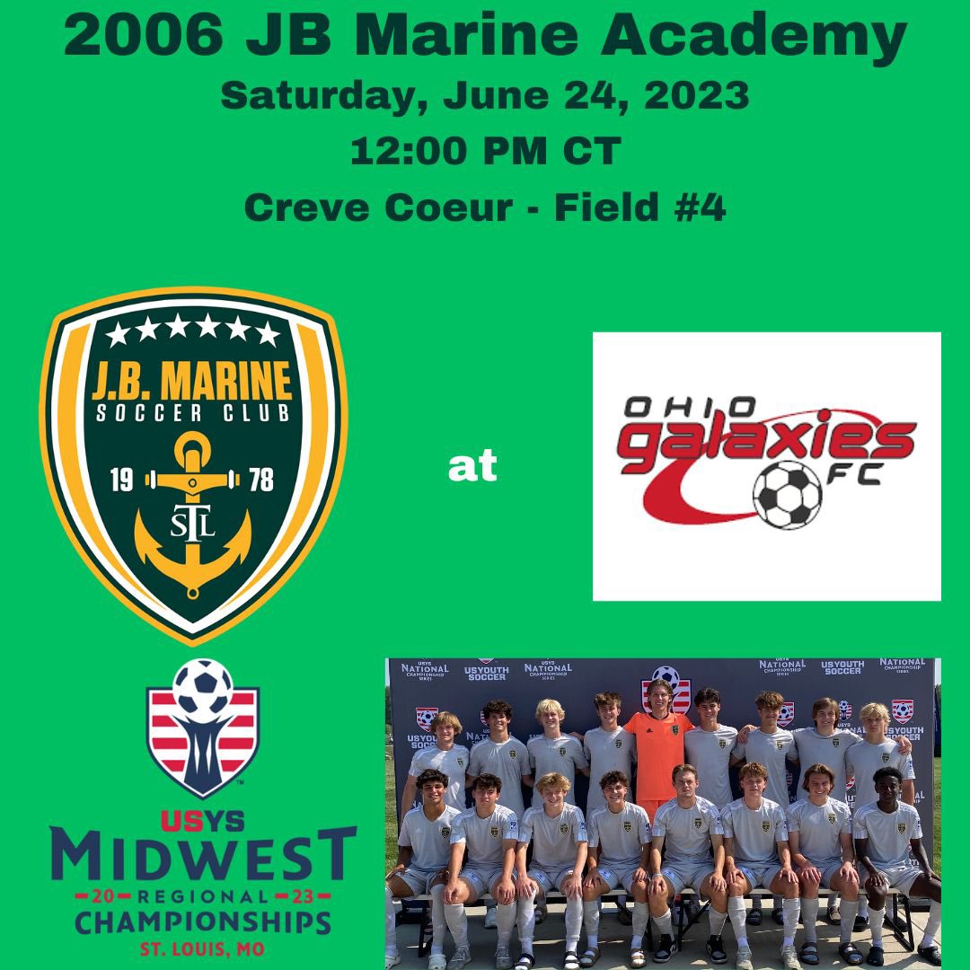 Regionals day 2 for <a href="/2006JBMarineb/">2006 JB Marine Academy McKeon</a> 
Come see us @ 12 on field 4
<a href="/SLUMensSoccer/">SLU Men's Soccer</a> <a href="/SIUEMensSoccer/">SIUE Men's Soccer</a> <a href="/OhioStateMSOC/">Ohio State Men’s Soccer</a> <a href="/LindenwoodMsoc/">LindenwoodMSOC</a> <a href="/DaytonMSoccer/">Dayton Men’s Soccer</a> <a href="/KCRoosMSoccer/">Kansas City Soccer</a> <a href="/BUKnightsMSOC/">Bellarmine Men's Soccer</a> <a href="/MaryvilleSoccer/">Maryville Men’s Soccer</a> <a href="/UISMSoccer/">UIS Men's Soccer</a> <a href="/TrumanMSoccer/">Truman Men's Soccer</a> <a href="/Miners_MSOC/">S&T Men's Soccer</a> <a href="/DUMensSoccer/">Drury Mens Soccer</a> <a href="/WebsterSoccer/">Webster University Men's Soccer</a> <a href="/NIUMSoccer/">NIU Men's Soccer</a> <a href="/JBMarineSC/">J.B. Marine SC</a>