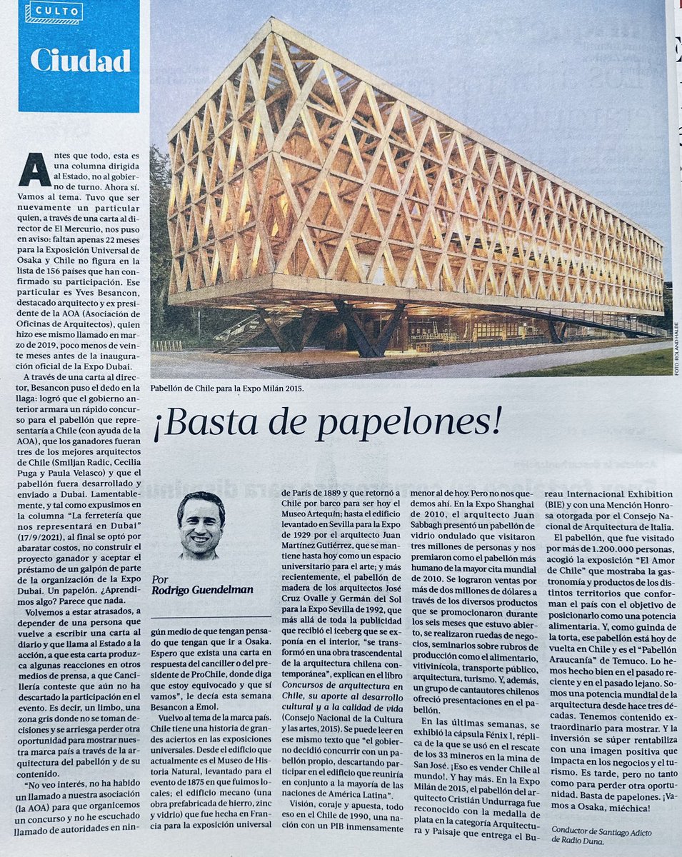 Toda la razón ⁦<a href="/guendelman/">Rodrigo Guendelman</a>⁩ en ⁦<a href="/latercera/">La Tercera</a>⁩ hoy 👇. Y a esto podríamos sumarle todo lo ganado por Chile en Bienales de Arte y Arquitectura, con premios y reconocimientos. Así se construye prestigio internacional!