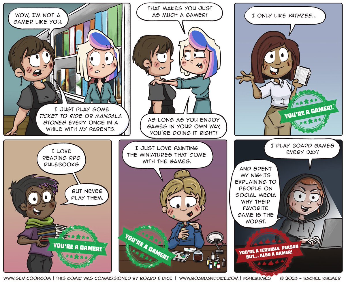 New #SheGames comic, thanks to <a href="/BoardAndDice/">Board&Dice</a>! Everybody can claim the title "gamer" and that's good. 💪

Read more comics in this series at  semicoop.com/comic/shegames… #boardgames