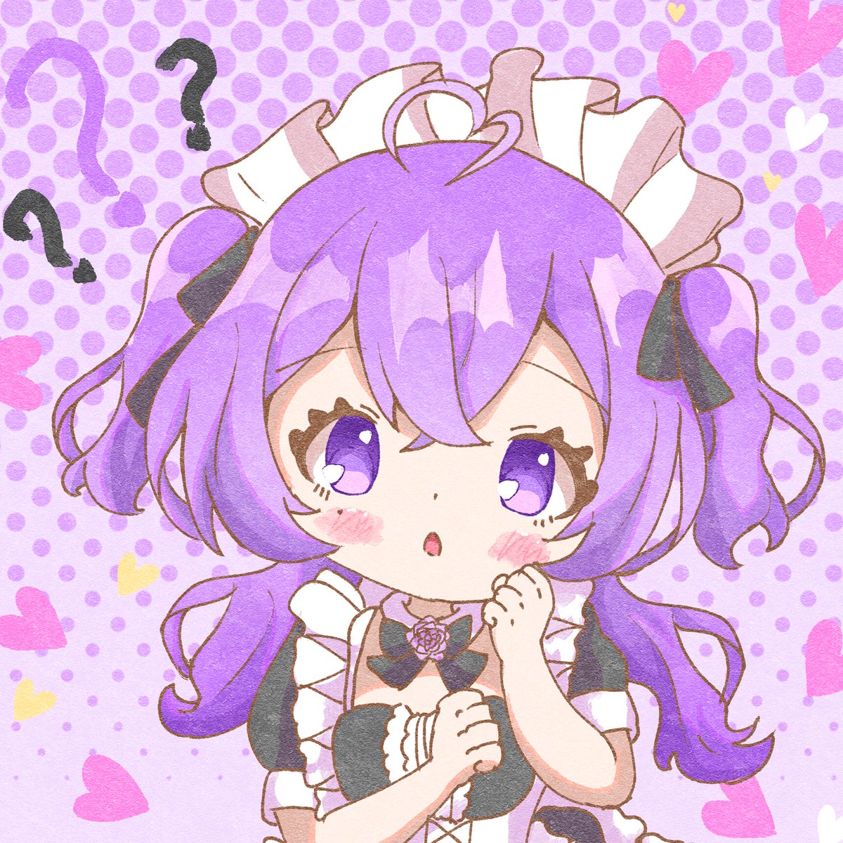 1girl purple hair solo maid headdress purple eyes two side up heart  illustration images