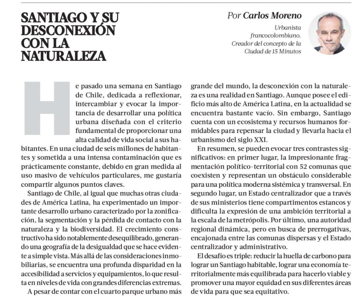 Lúcida reflexión de <a href="/CarlosMorenoFr/">Pr Carlos Moreno | IAE-Paris Sorbonne</a> sobre Santiago y de Chile en general cuando menciona los efectos del centralismo. Agregaría el desequilibrio estructural y de inversión en Chile, es uno los principales limitadores para un país social y urbanamente equilibrado.