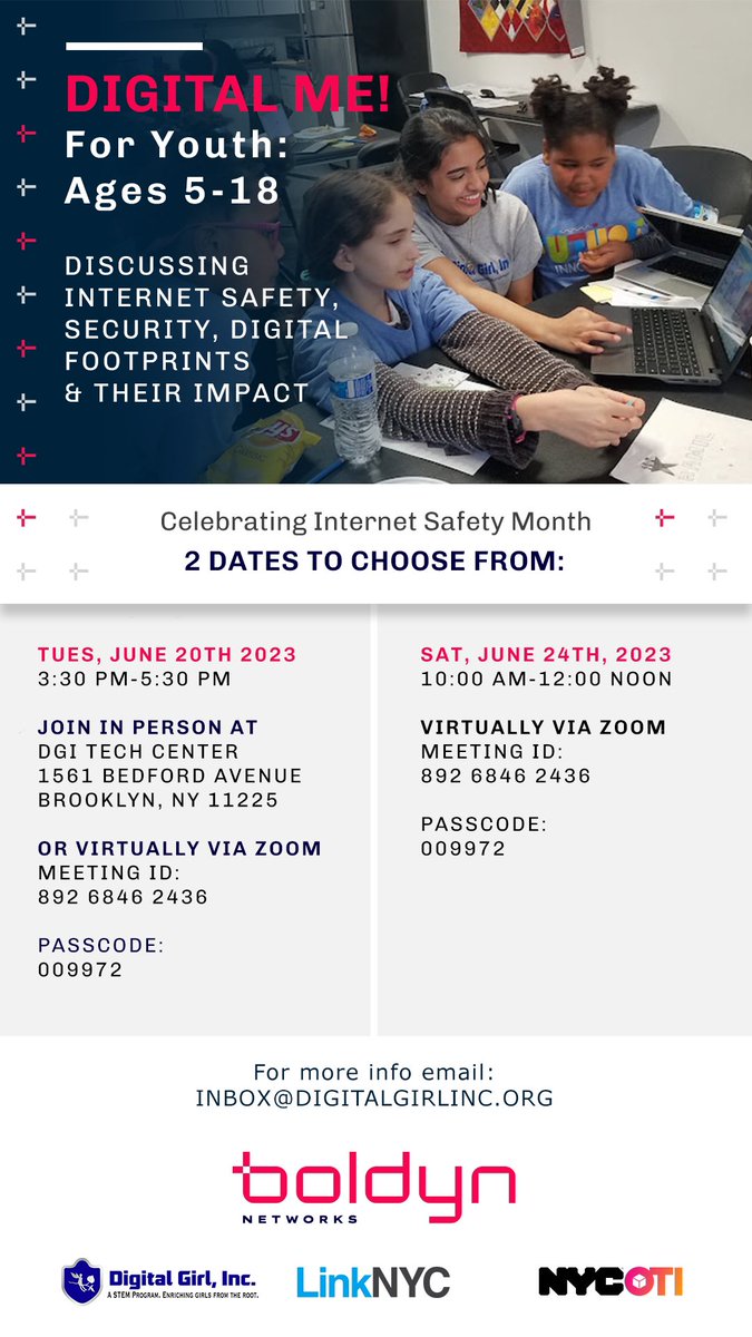 Join us at 10:00 AM for the internet safety class you didn’t know your youth needed!! As our youth spend more time online it’s imperative they know the consequences of their activities online! This workshop is sponsored by @BoldynNetworks in partnership with @LinkNYC & #NYCOTI