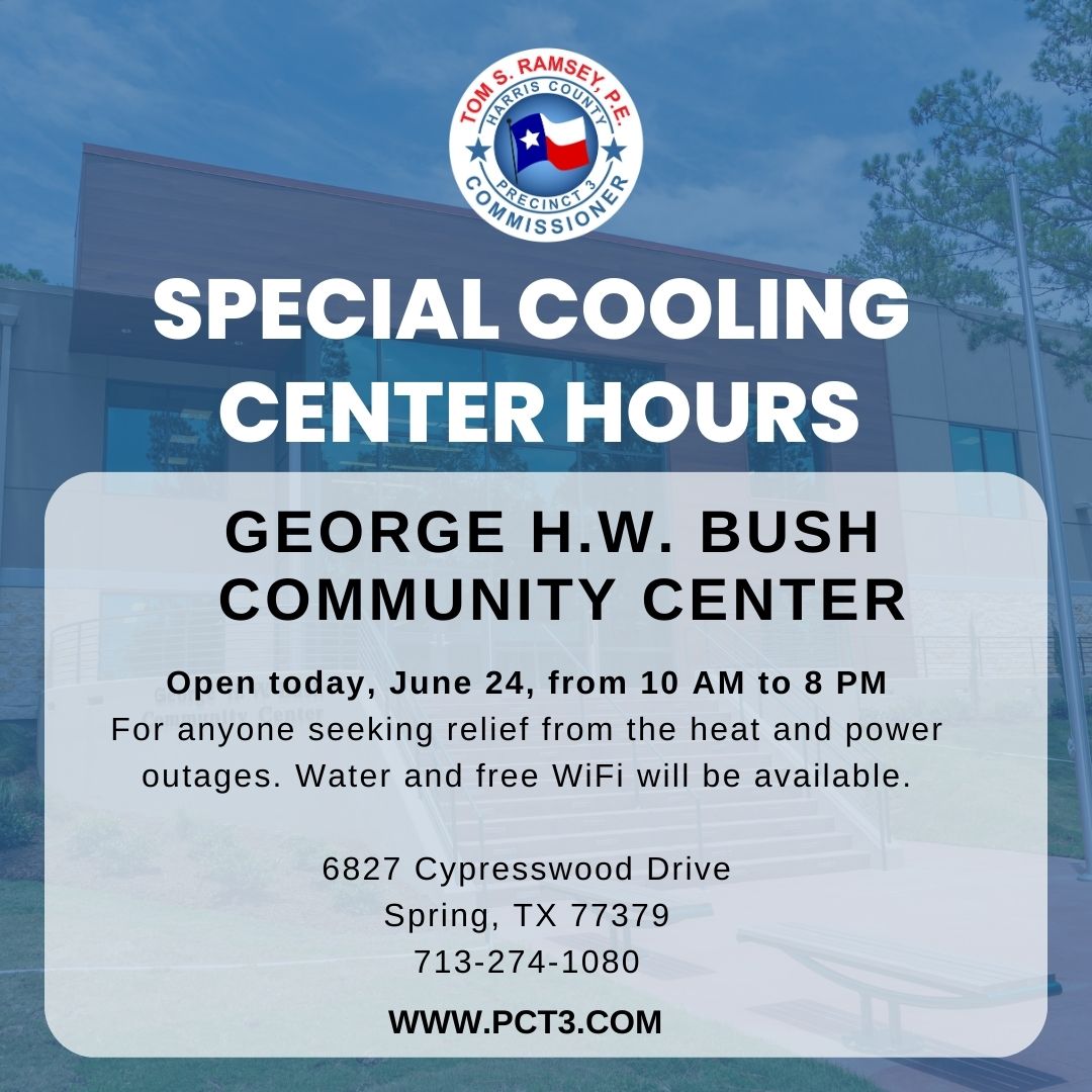 If you're in need of relief from the heat or without power, Precinct 3 is opening the George H.W. Bush Community Center today from 10 a.m. to 8 p.m. Water and WiFi will be available. https://t.co/d4pYxsnUHK