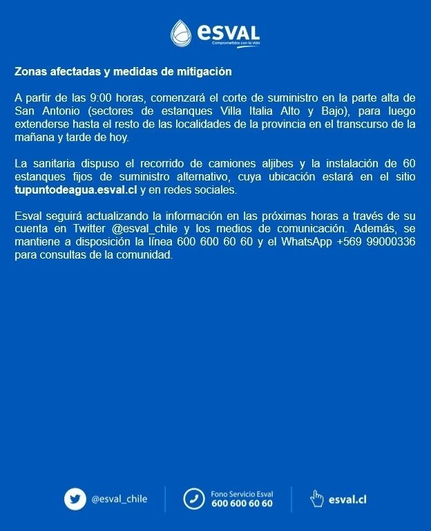 ElQuiscoMuni's tweet photo. ESVAL ACTUALIZA INFORMACIÓN IMPORTANTE PARA TODA LA COMUNIDAD SOBRE SUMINISTRO DE AGUA EN LA PROVINCIA 👇 https://t.co/2vJRnlpWz1