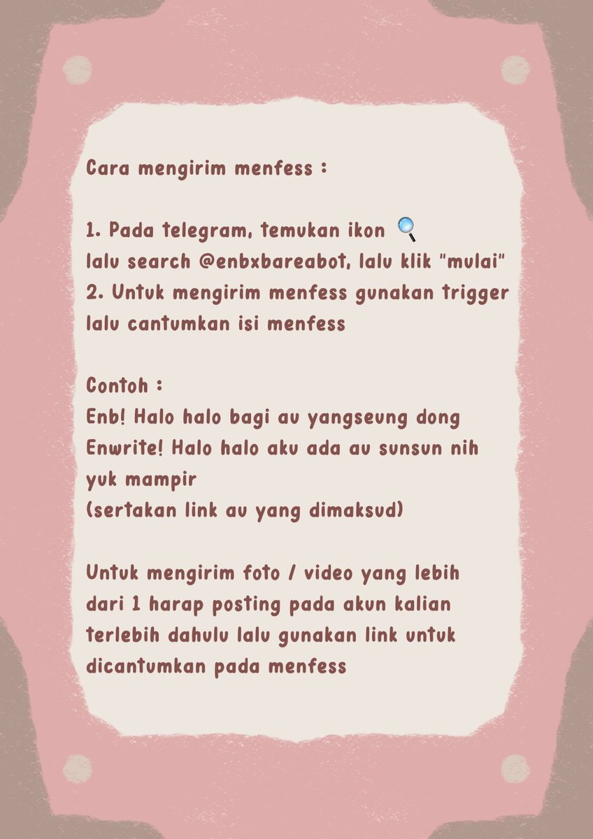 enbxbarea's tweet photo. TUTORIAL MENGIRIM MENFESS MELALUI TELEGRAM

Link yang dibutuhkan :
suvpen bot : https://t.co/ih3Vb24ZV5 
enbxbarea bot : https://t.co/Dxn4kVqk0u 

kanal enbxb : https://t.co/K2elaVG7hS

Mohon dengar dan perhatikan video, simak foto-foto yang sudah awon cantumkan pada tweet ini! https://t.co/NhOHPx0owv