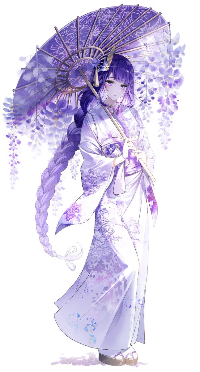 raiden shogun 1girl umbrella japanese clothes kimono solo long hair braid  illustration images