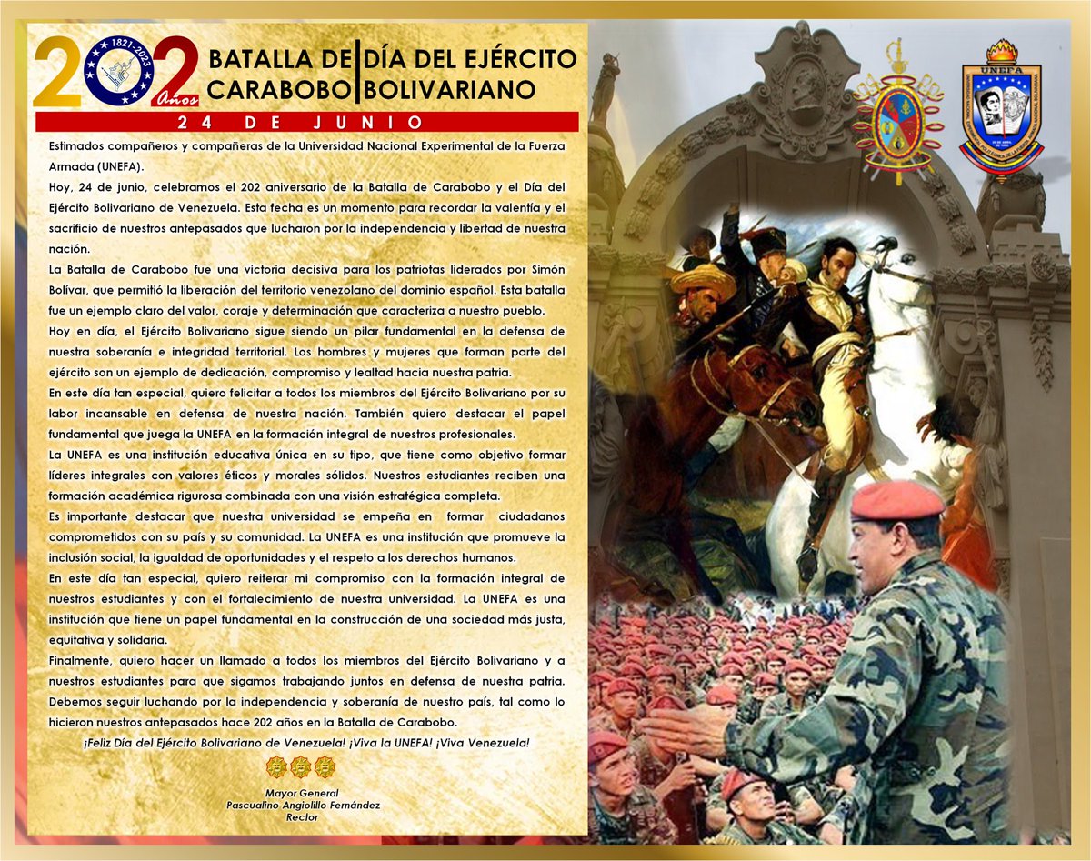 Hoy celebramos la Batalla de Carabobo, donde Simón Bolívar lideró la victoria que aseguró la independencia de Venezuela. ¡Viva Venezuela libre! 🇻🇪💪 #BatallaDeCarabobo #VenezuelaLibre
