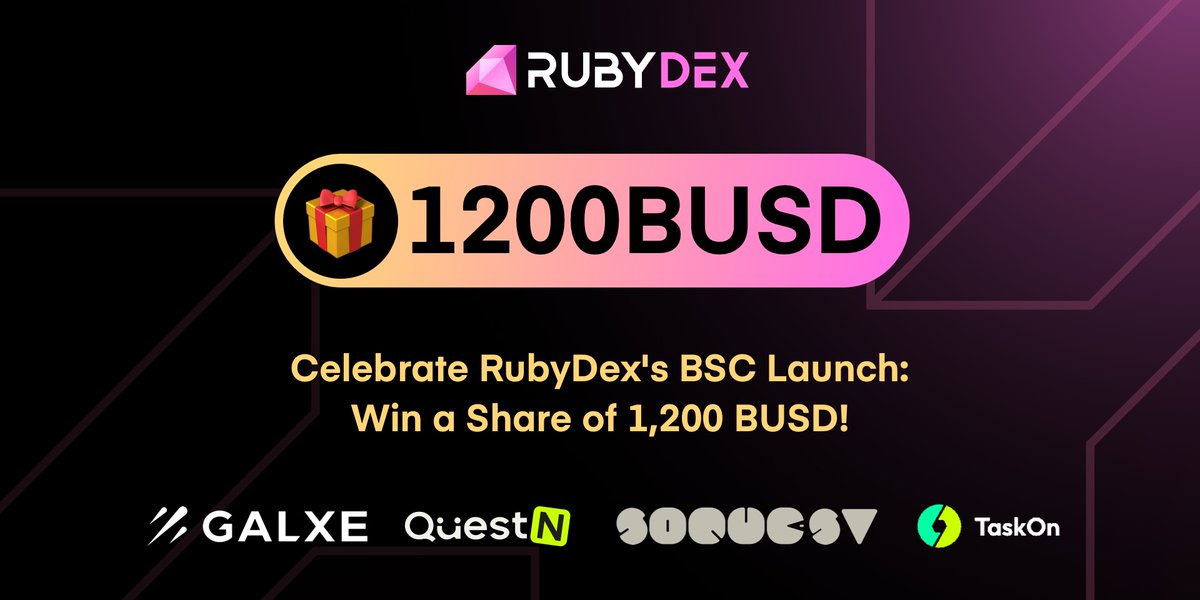 🥳 Celebrate RubyDex's BSC Launch with us &amp; get a chance to share a 1,200 BUSD reward pool!
​
Join the fun on your preferred platform: Galxe, QuestN, SoQuest, or TaskOn. Complete tasks, join the raffle &amp; win! 🎉
​
Check out the full details here 👉 blog.rubydex.com/en/rubydex-bnb…