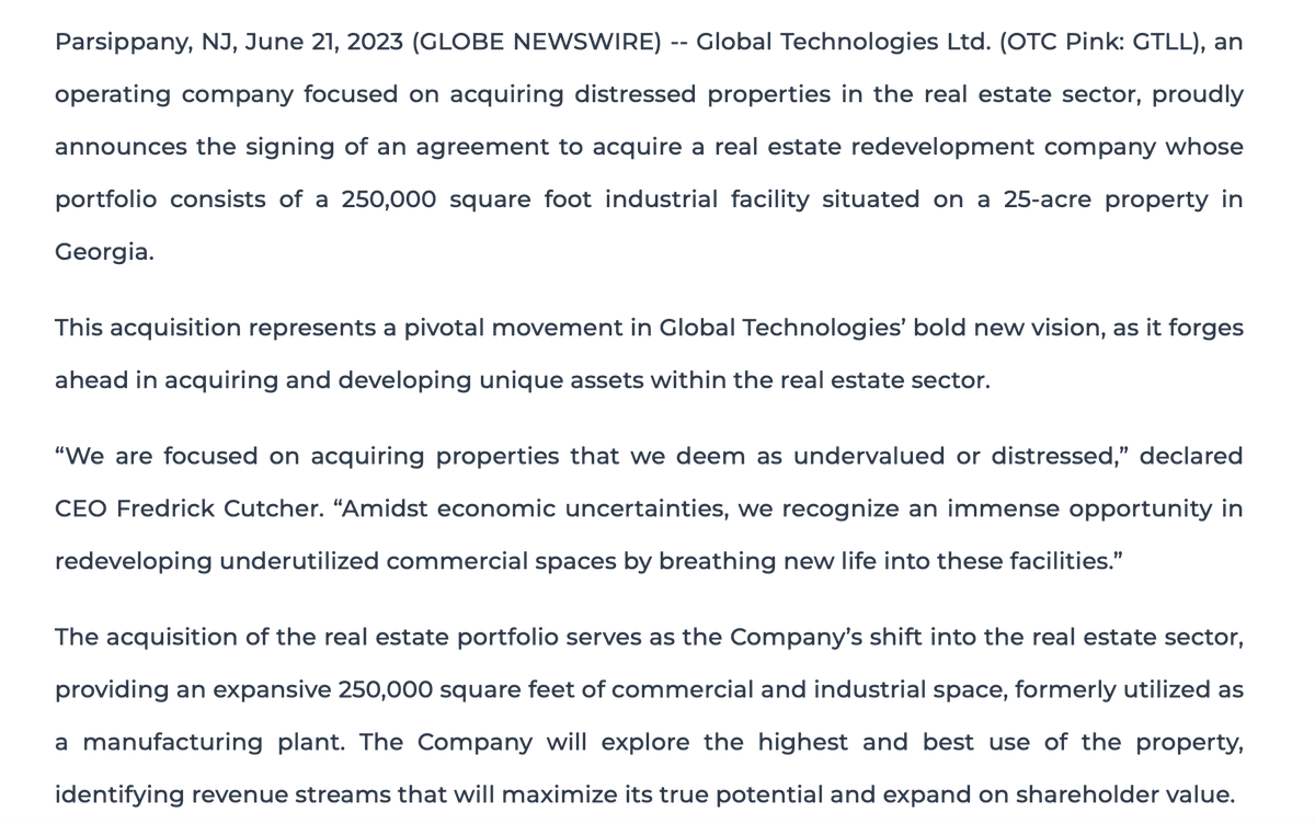 $GTLL Signs Agreement to Acquire a Real Estate Holding Company
cutt.ly/AwtREekO #wsj #nytimes #business #reuters #IHub_StockPosts #forbes #marketwatch #cnn #bet #foxnews #latimes #Crainschicago #usatoday #barronsonline #IBDinvestors #cnnmoneyinvest  #Investors