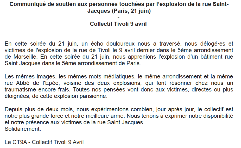 Tivoli9avril's tweet photo. En cette soirée du 21 juin, un écho douloureux nous a traversé, nous délogé·es et victimes de l'explosion de la rue de Tivoli le 9 avril dernier dans le 5ème à Marseille 🖤. 
#explosionparis #ruesaintjacques 👇 https://t.co/Hzojhya5eS