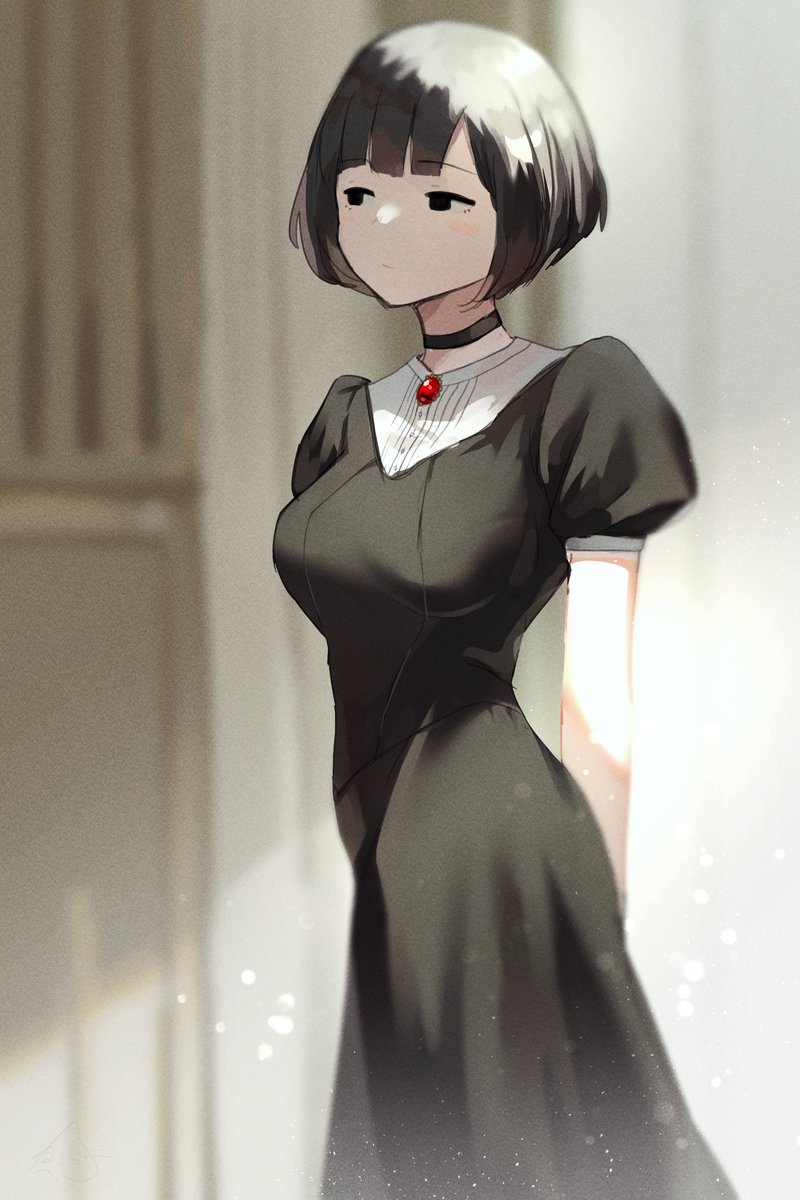 1girl solo short hair bob cut dress black hair black dress  illustration images