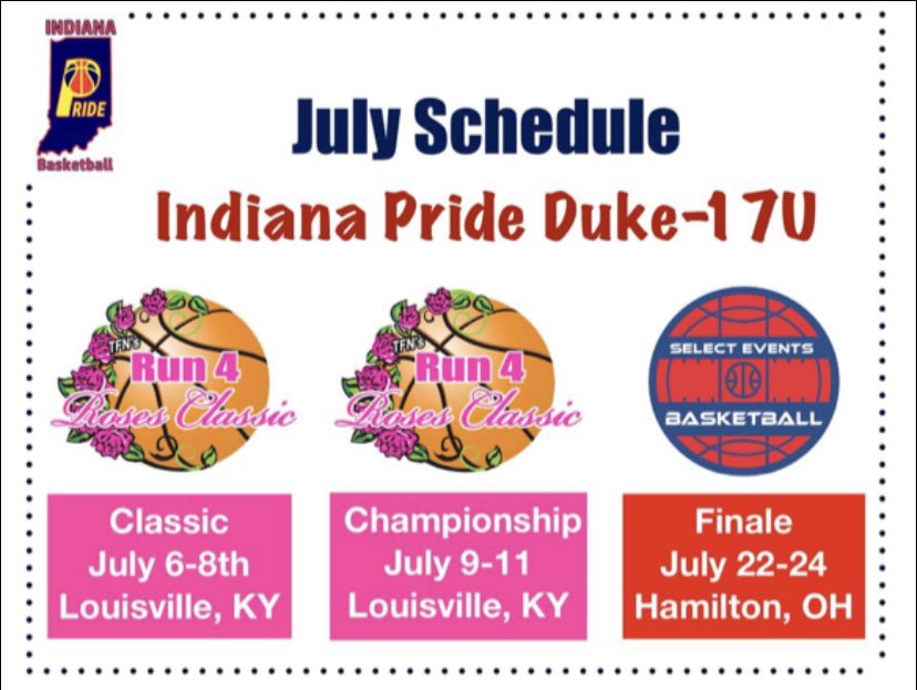 College Coaches and <a href="/InPrideBBClub/">Indiana Pride Basketball</a> Fans - This is where we will be to finish out our final AAU season!  Come 👀 us in July. Can’t wait to see you!  <a href="/CoachMikeDuke/">Michael Duke</a> <a href="/InPrideBba1909/">InPrideBballMedia</a>