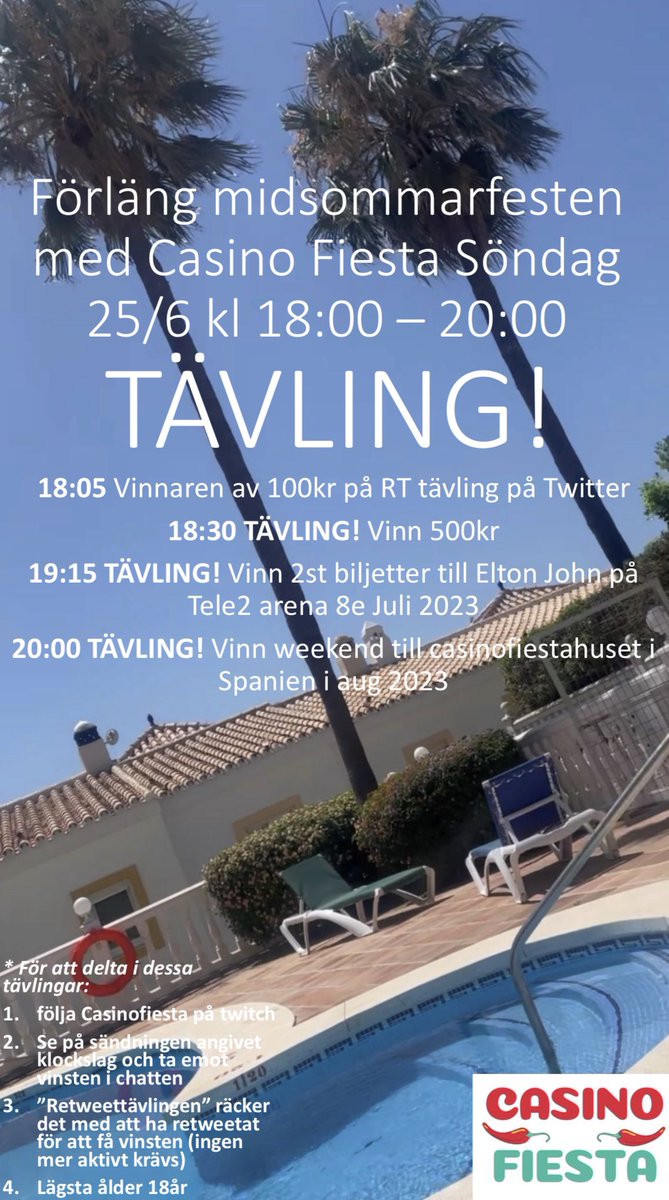 Förläng midsommarfesten tillsammans med mig &amp; <a href="/baraapatricia/">123</a>. Vi firar torsdagens jackpot, med ett avsnitt fyllt av tävlingar, slots &amp; fantastiskt stämning

Twitch.tv/Casinofiesta 

TÄVLING! Samtliga som RT detta inlägg deltar i en utlottning av 100kr Sista ”entry” är sön 17:45