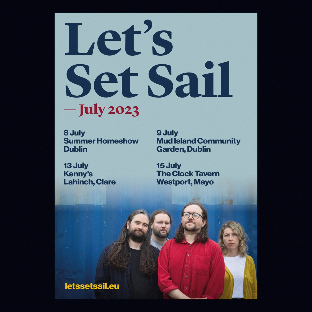 A reminder of the shows we are playing next month. 

- Saturday 8 July, Summer Homeshow, Dublin

- Sunday 9 July, <a href="/island_mud/">MudIsland</a>, Dublin

- Thursday 13 July, <a href="/KennysLahinch/">Kenny's Bar, Lahinch</a>, Clare 

- Saturday 15 July, The Clock Tavern, Westport, Mayo

Please come along for a special time.