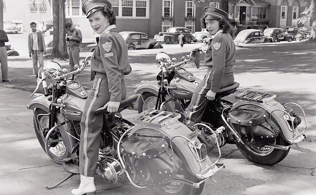 Dot Robinson, founder of the Motor Maids of America, and her daughter Betty, 15, at a motorcycle rally in Laconia, N.H., 1947. [2048x1267]