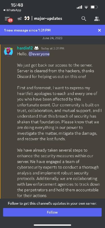 cataclysmgame_'s tweet photo. DISCORD HACK UPDATE

Hackers are PRETENDING to be Cataclysm Team that TOOK BACK the ownership.

THIS IS NOT TRUE, OUR DISCORD SERVER IS STILL IN THE HANDS OF THE SCAMMERS.

We absolutely need ASAP action and help from @discord_support and @discord. This situation is absurd.

This message HAS NOT BEEN WRITTEN by the real Hardin Finch.