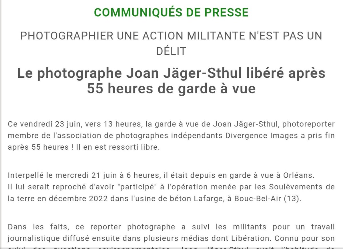 INFORMER N'EST PAS UN DÉLIT 
😠😠😠 
Le photoreporter Yoan Jäger-Sthul est sorti libre du commissariat après 55 heures d'une garde à vue injustifiée. Il avait été interpellé mercredi, six mois après son reportage sur une action militante 

 COMMUNIQUÉ ⬇️ 
snj.fr/article/le-pho…
