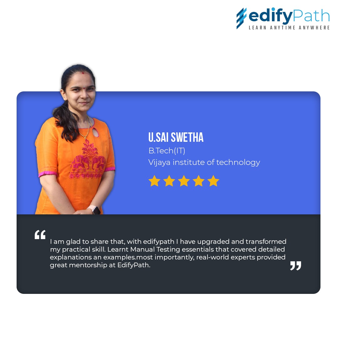 We are happy to know that Sai Swetha had a great and enlightening experience with EdifyPath. We congratulate her on embarking on a new journey and appreciate her for sharing valuable experience with us.

#studenttestimonial #studentfeedback #learner #onlinecourse #learnonline