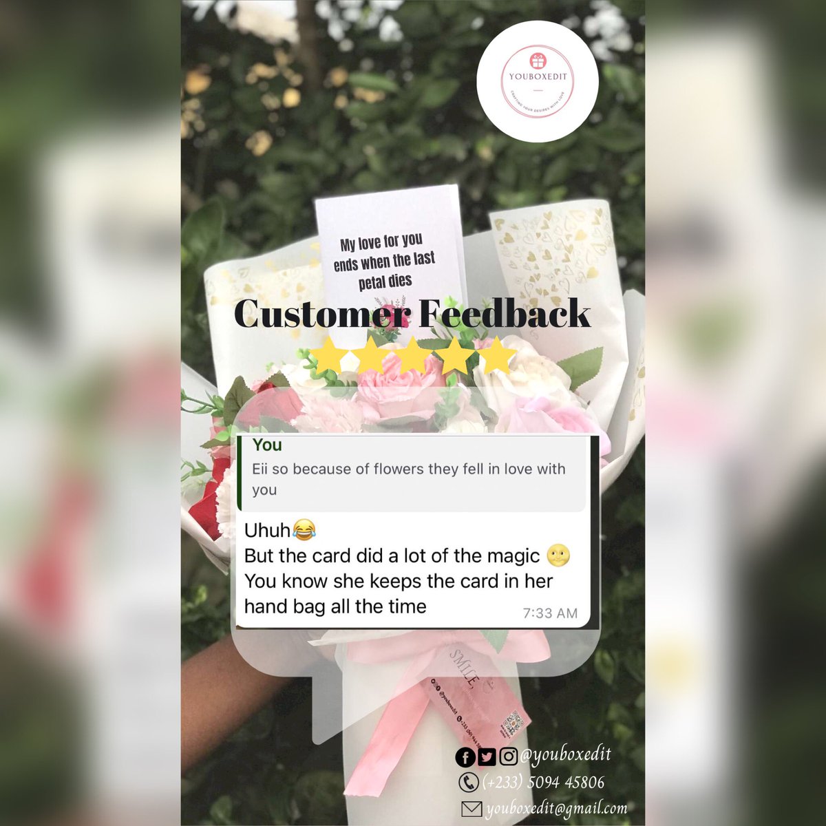 🥺 Feedback like this makes me emotional ❤️

Time for you to get that #YBI experience, call or send us a dm anytime on +233 (50) 9445806 ❤️

#youboxedit #review #feedback #blackownedbusiness #giftshop #flowers #fauxflowers #customisedgiftsgh #giftideas #giftsforher #accra #Ghana