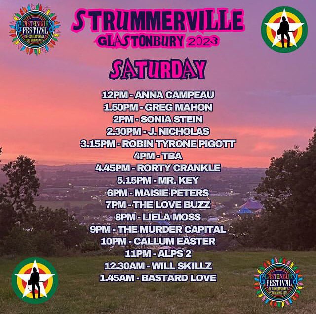 Playing Strummerville Tonight at 10pm and Crows Nest tomorrow at 5:30pm @glastonbury