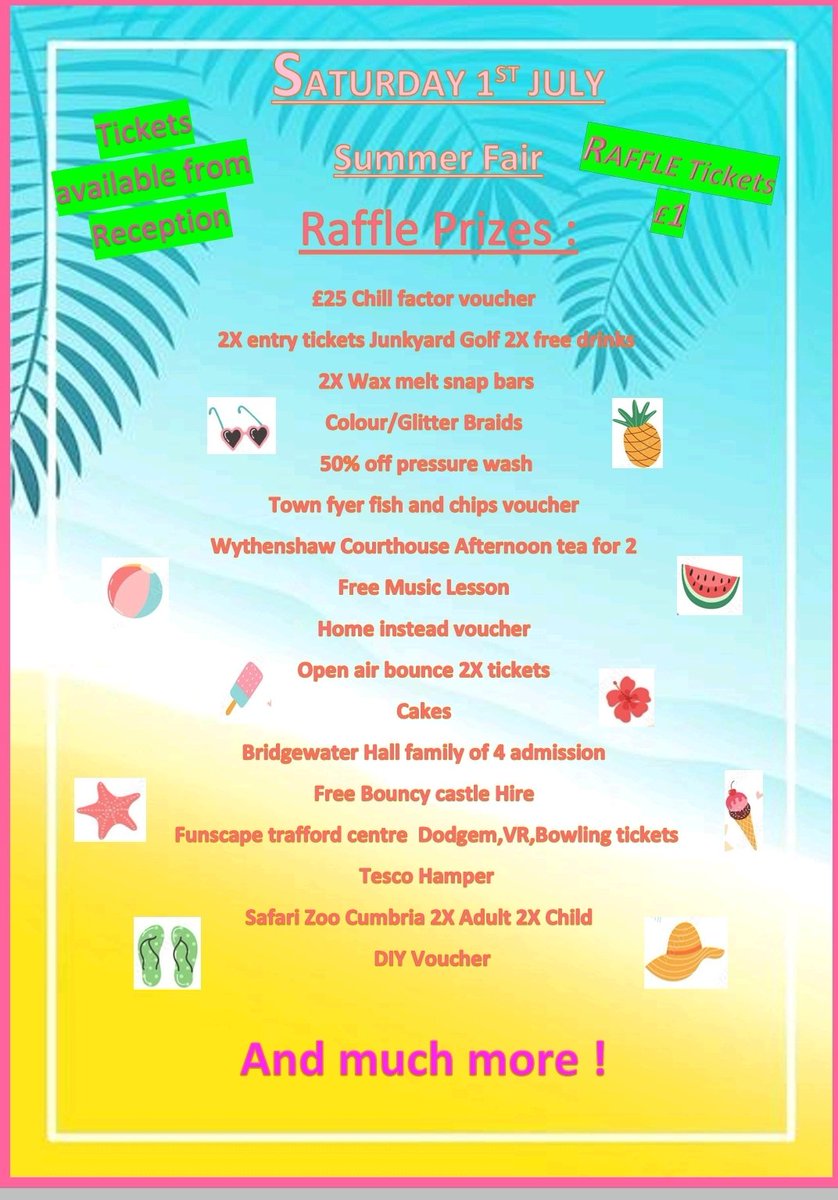Raffle tickets available from the office. We will also send some tickets home!
£1 per ticket.

Draw to take place last week of term.

Wonderful prizes up for grabs. A huge thank you to everyone who has donated something to our fayre.