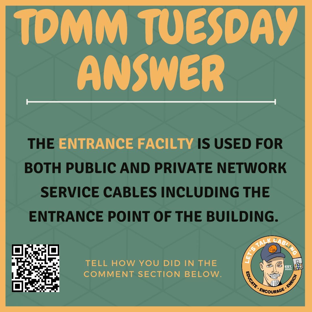 TDMM TUESDAY ANSWER : This month we are in Chapter 4 'Backbone Distribution Systems' Tell us how you did below!

#cbrcdd #rcdd #askarcdd #lowvoltage #lowvoltagetech #datacable #ICT #SCS #cat5e #cat6 #cat6a #datacomm #datacom #cat7 #wiremonkey #BICSI