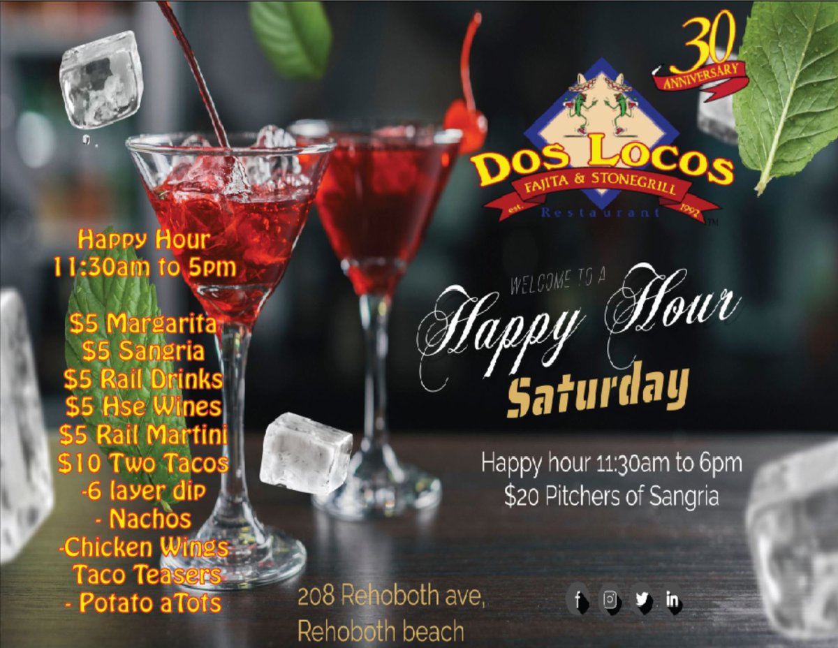 DosLocosRestaur's tweet photo. Making waves 🌊 with our killer happy hour: $20 Pitchers of Sangria all day &amp; Happy hour 11:30am to 6pm https://t.co/lrYBnasKd3