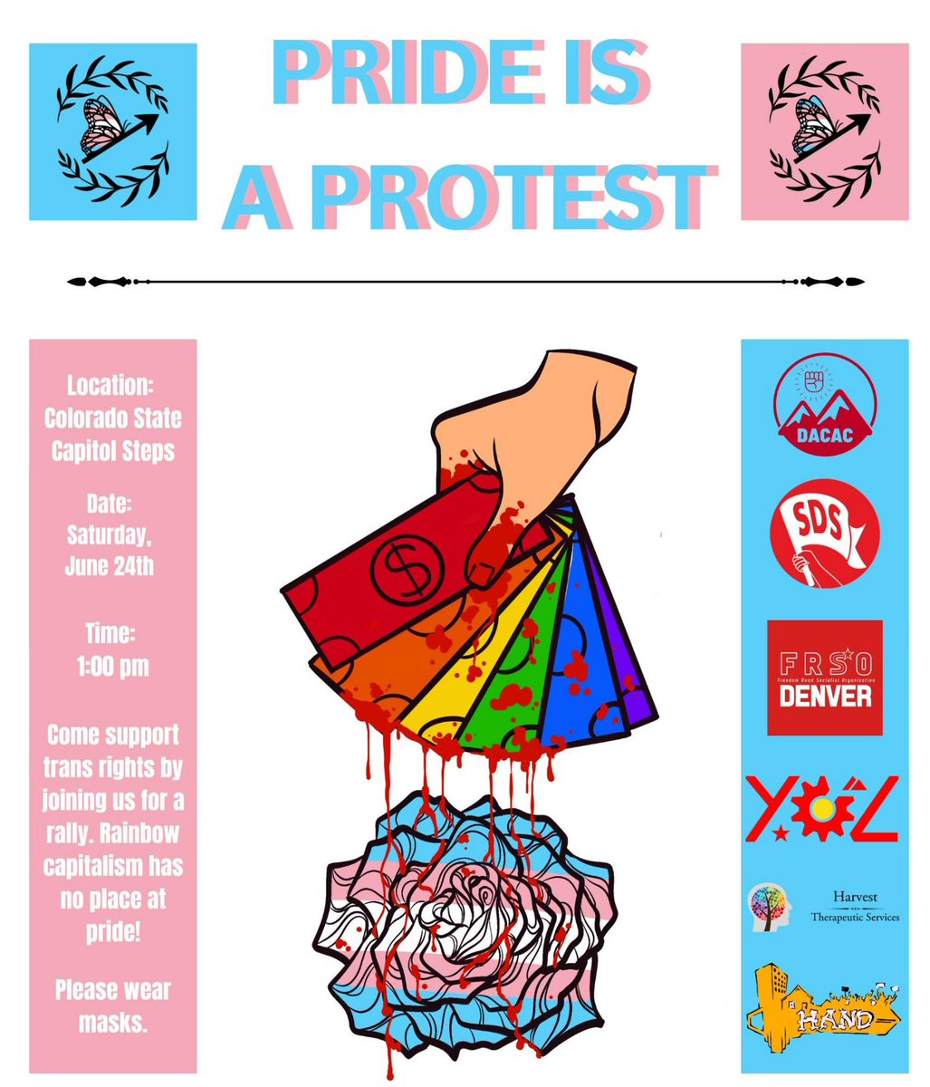 TransRightsCO's tweet photo. ‼️ TODAY ‼️
Location: Colorado State Capitol Steps
Time: 1:00 pm
Show up for trans rights, no cops or corps at Pride, to support the victims of Club Q who have been given the cold shoulder from The Center, and so much more. https://t.co/GbeuKypvz7